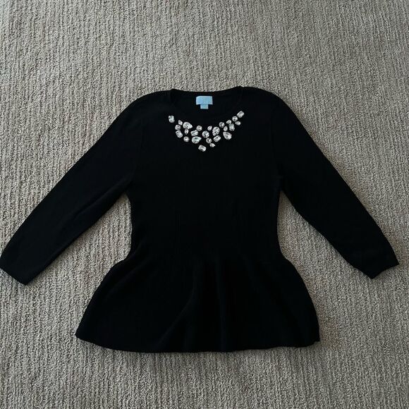 CeCe Black 3/4 Sleeve Gemmed Sweater Peplum Shirt - Picture 1 of 6